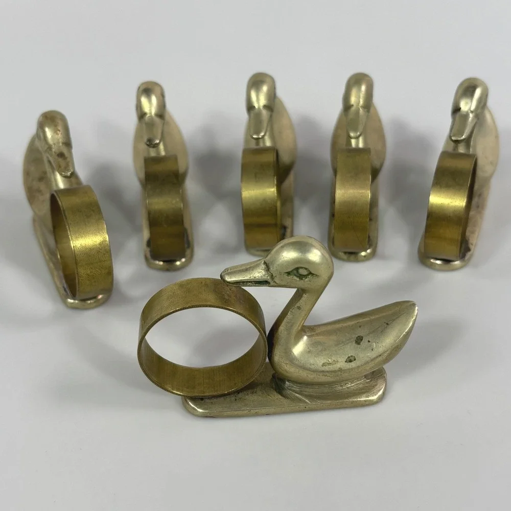 Vintage Solid Brass Duck Napkin Rings Set of 6 Gold Tone Figural Korea Decor